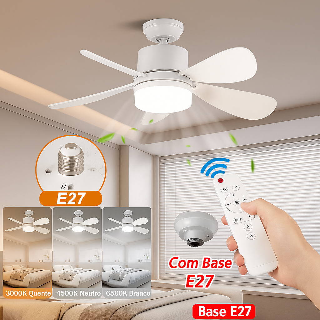 Ventilador de teto com lâmpada LED e controle remoto, design moderno e silencioso. Ideal para conforto e ventilação prática em qualquer ambiente.